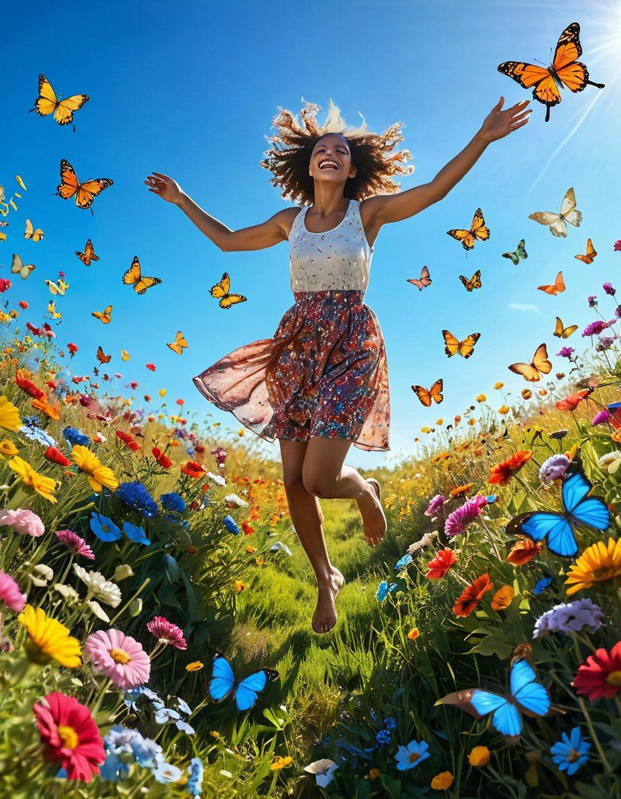A person joyfully jumping in a sunlit meadow filled with colorful flowers, surrounded by butterflies and a clear blue sky, symbolizing the essence of happiness and euphoria. The scene should radiate warmth and positivity, with soft, glowing light illuminating the surroundings. Include a subtle hint of whimsical elements like floating musical notes or sparkling dust to enhance the feeling of joy. vibrant colors. super-realistic.