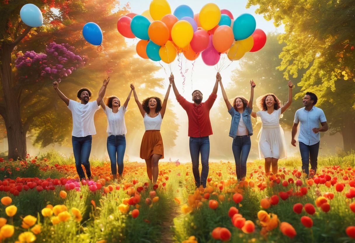 A joyful scene depicting a diverse group of people outdoors, radiating happiness and gratitude, surrounded by vibrant flowers and colorful balloons. The sun is shining, casting a warm glow, symbolizing exuberance. Various expressions of joy, laughter, and connection are highlighted. Incorporate elements of nature to enhance the theme of positivity and appreciation. super-realistic. vibrant colors. sunny background.