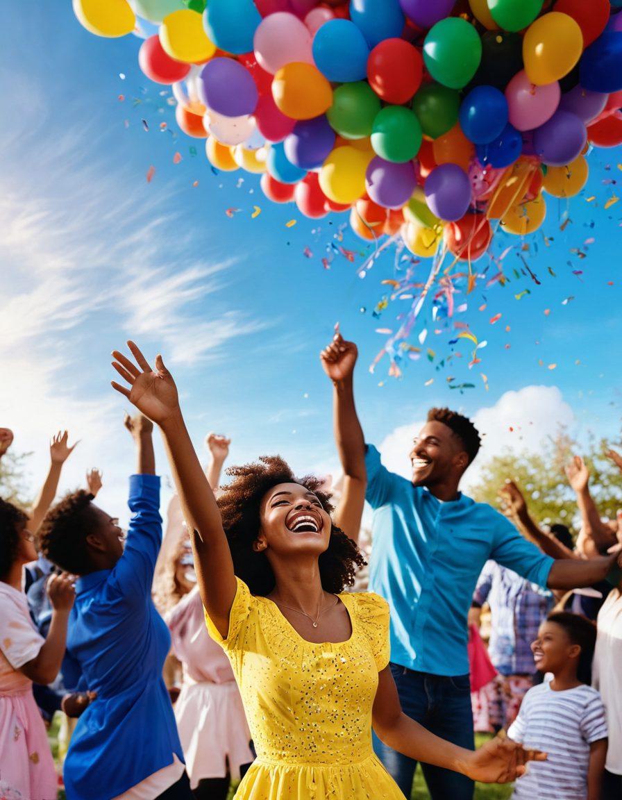 A vibrant scene depicting a diverse group of people joyfully celebrating life's moments, dancing under a colorful sky filled with balloons and confetti. Include various elements of celebration such as a picnic with delicious food, laughter, and colorful decorations. Show a serene landscape with bright flowers and sunshine, symbolizing bliss and joy. Emphasize movement and happiness in the expressions of the people. super-realistic. vibrant colors. 3D.
